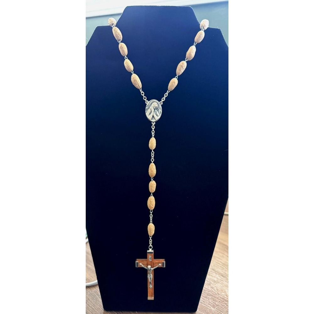 Vintage Italian Olive Wood Rosary Crucifix & Centerpiece Virgin Mary With Claspe